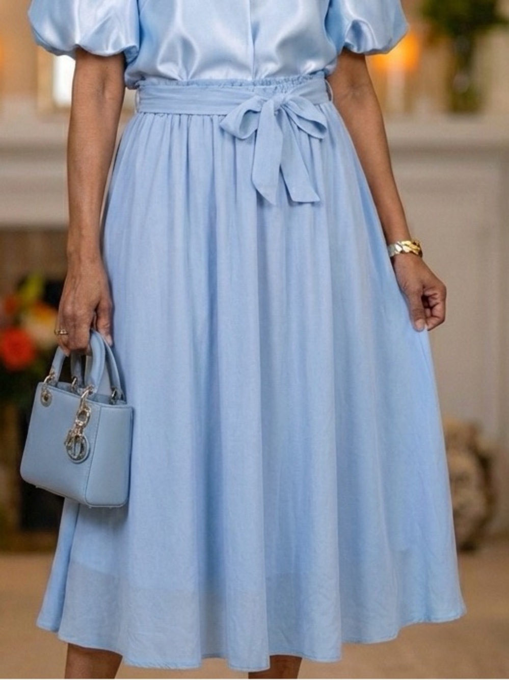 Dusty Blue Tie Waist Midi Skirt XL Flowy Elegant - Picture 3 of 7